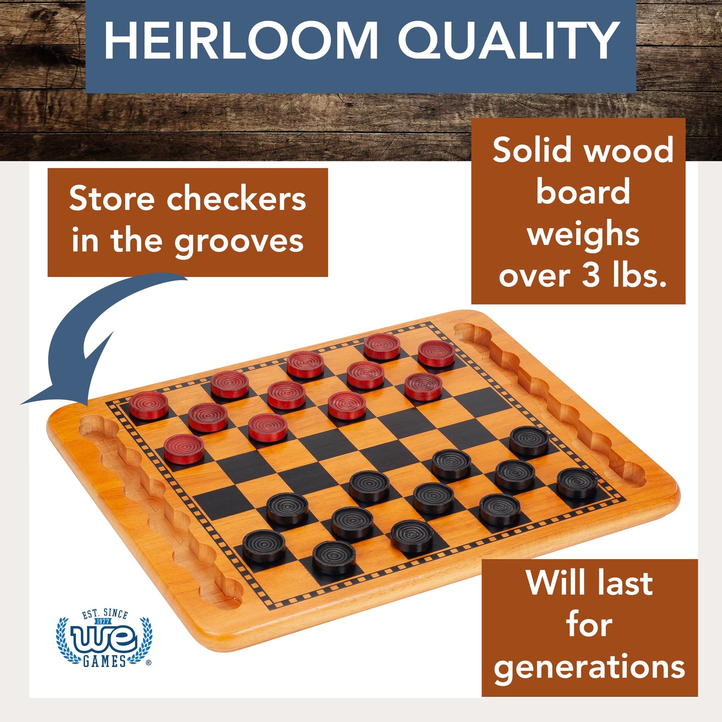 We Games Solid Wood Checkers Board Game – 14.5-Inch Vintage Checkers Set With Inset Grooves & 24 Red & Black Board Game Pieces – Fun Family Table Game