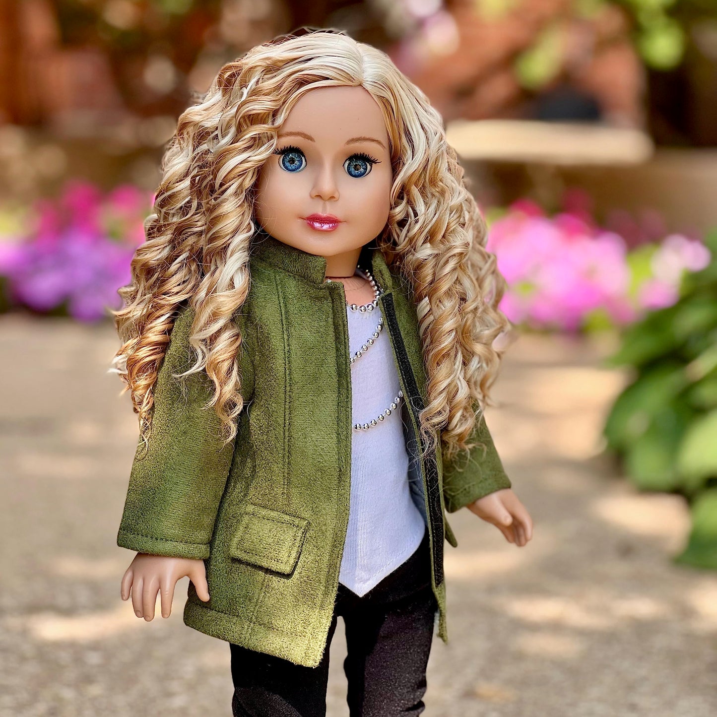 - Autumn Stroll - 4 Piece Outfit For 18 Inch Doll - Green Coat, White Blouse, Black Velvet Leggings, Black Boots (Dolls Not Included)