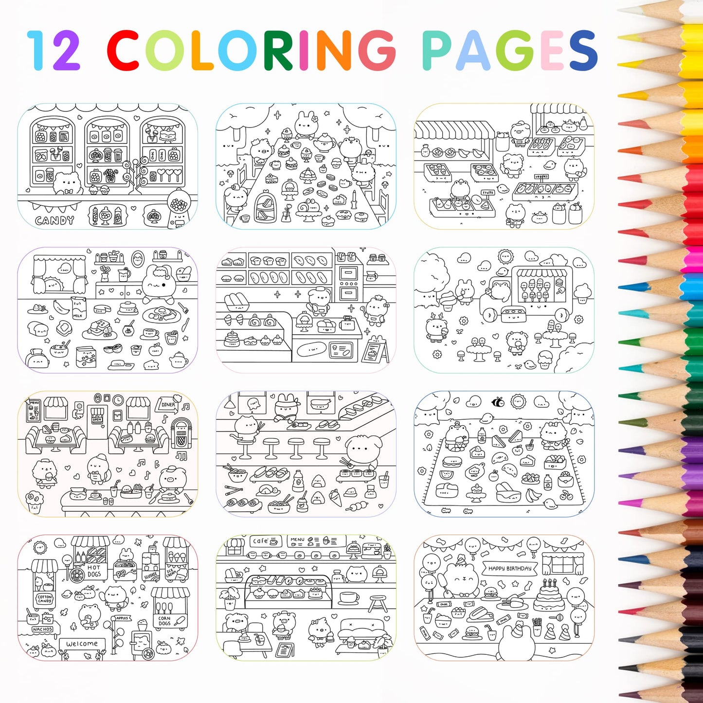 Cute Foods Around Town Activity Book By Cupkin: Lay Flat Side By Side Sticker Books + Kawaii Coloring Books - Over 500 Cute Kawa