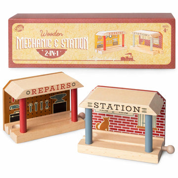 Wooden Train Track Mechanic & Station Service Building - Conductor Carl 2-in-1 Mechanic Service & Train Station for Customizing