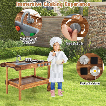 Costzon Mud Kitchen, Outdoor Play Kitchen With Sink, Faucet, Stoves And Cooking Accessories, Storage Shelf, Toddler Wooden Rolli