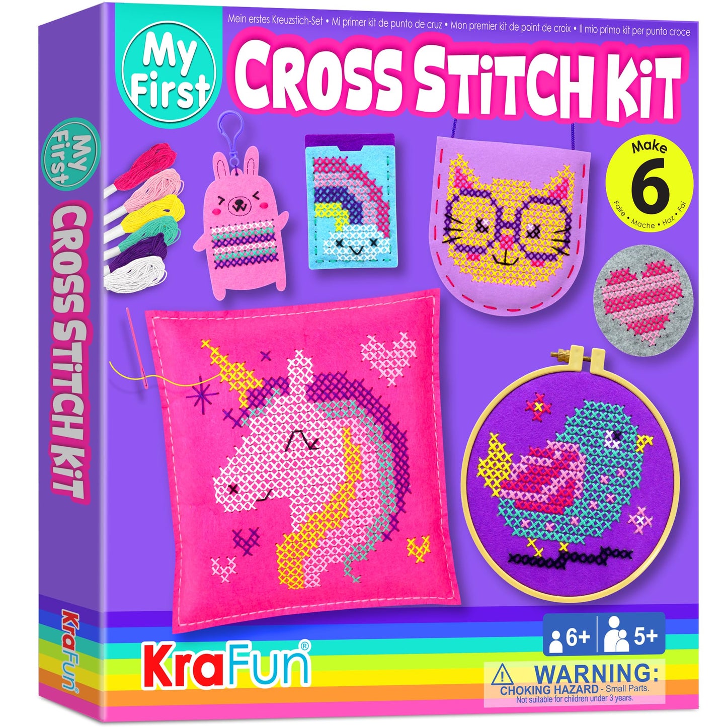 KRAFUN Beginner My First Cross Stitch Kit for Kids Arts & Crafts, 6 Easy Projects of Felt Keyring, Bag, Pillow Craft, Instructio
