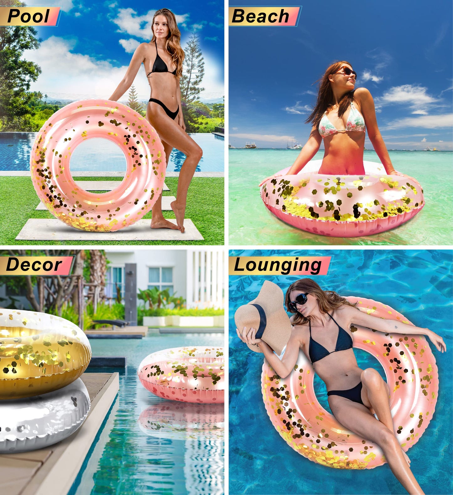 CoTa Global Inflatable Pool Float Tube Confetti 36 Inches enhanced Swim Ring Heavy Duty Vinyl Flotation Pool Floats Toy for The Beach  Party  Vacation  UV Resistant - Pool Party (Rose Gold)