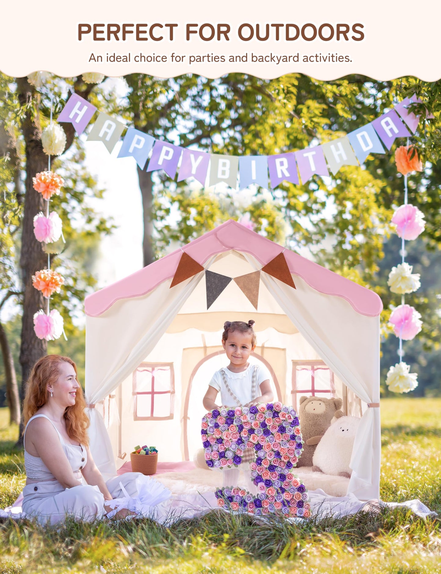 Besrey Kids Play Tent, Kids Playhouse 2 In 1 With Padded Mat And Lights, Large Play Tent With 2 Doors & 4 Windows, Kids Play Tent Indoor & Outdoor, Christmas Toddler Tent For Kids, 51' X35' X 51'