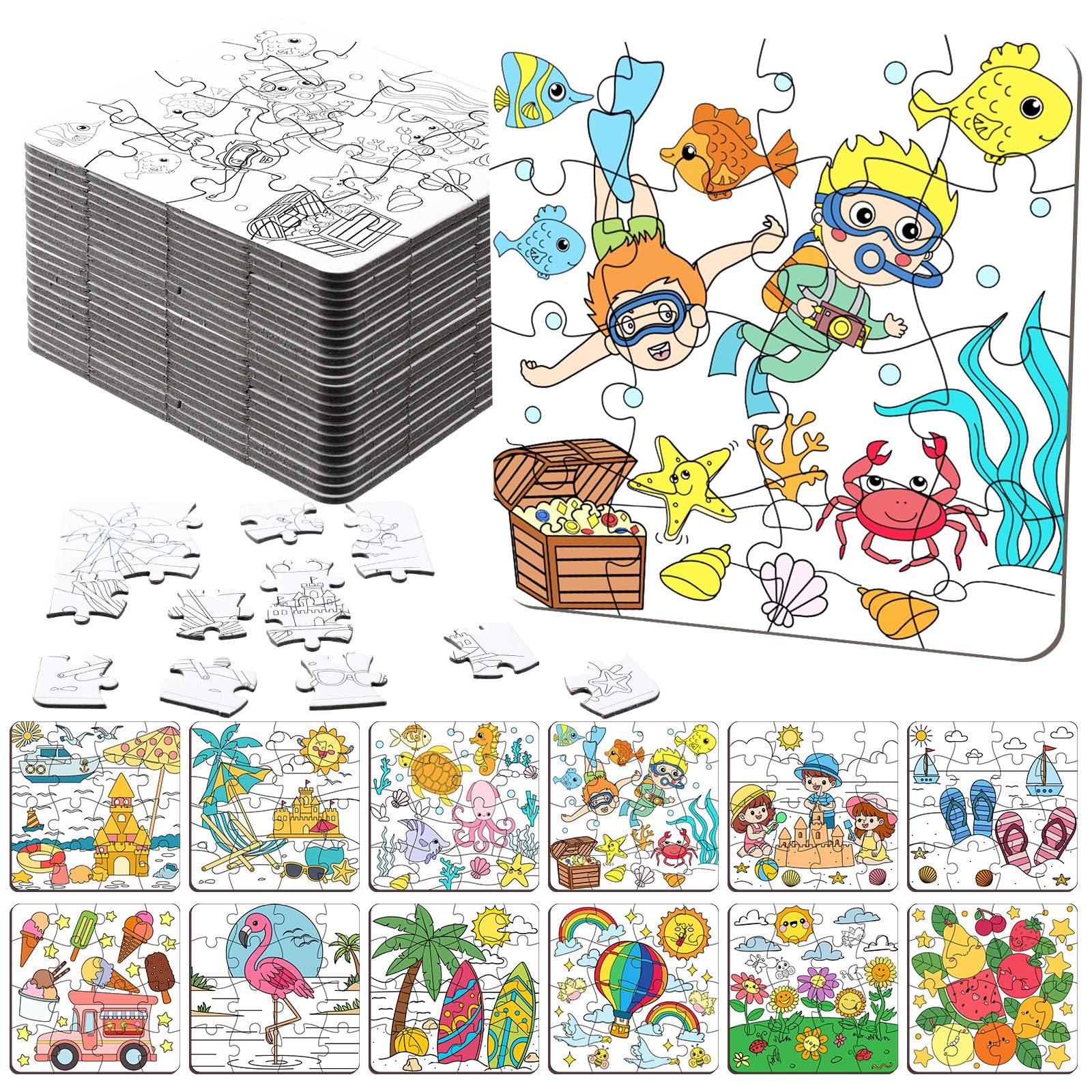 Realspring 24 Pack Color Your Own Jigsaw Puzzles for Kids 3-5, 4-6, 6-8, Coloring Crafts DIY Paper Puzzles Party Favors Gifts fo