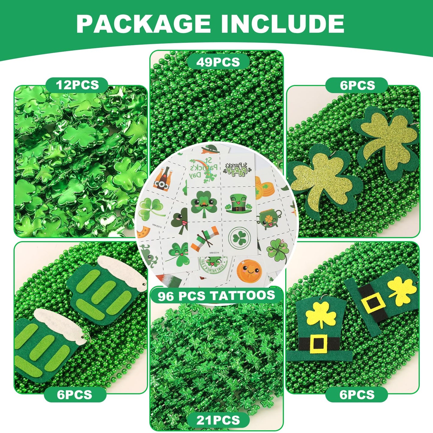 Becfupo 196Pcs St. Patrick's Day Accessories: 100 Pcs Metallic Green Beaded Necklaces & 96 Pcs Temporary Tattoo Stickers - Irish