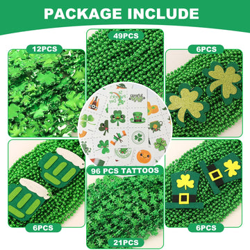 Becfupo 196Pcs St. Patrick's Day Accessories: 100 Pcs Metallic Green Beaded Necklaces & 96 Pcs Temporary Tattoo Stickers - Irish