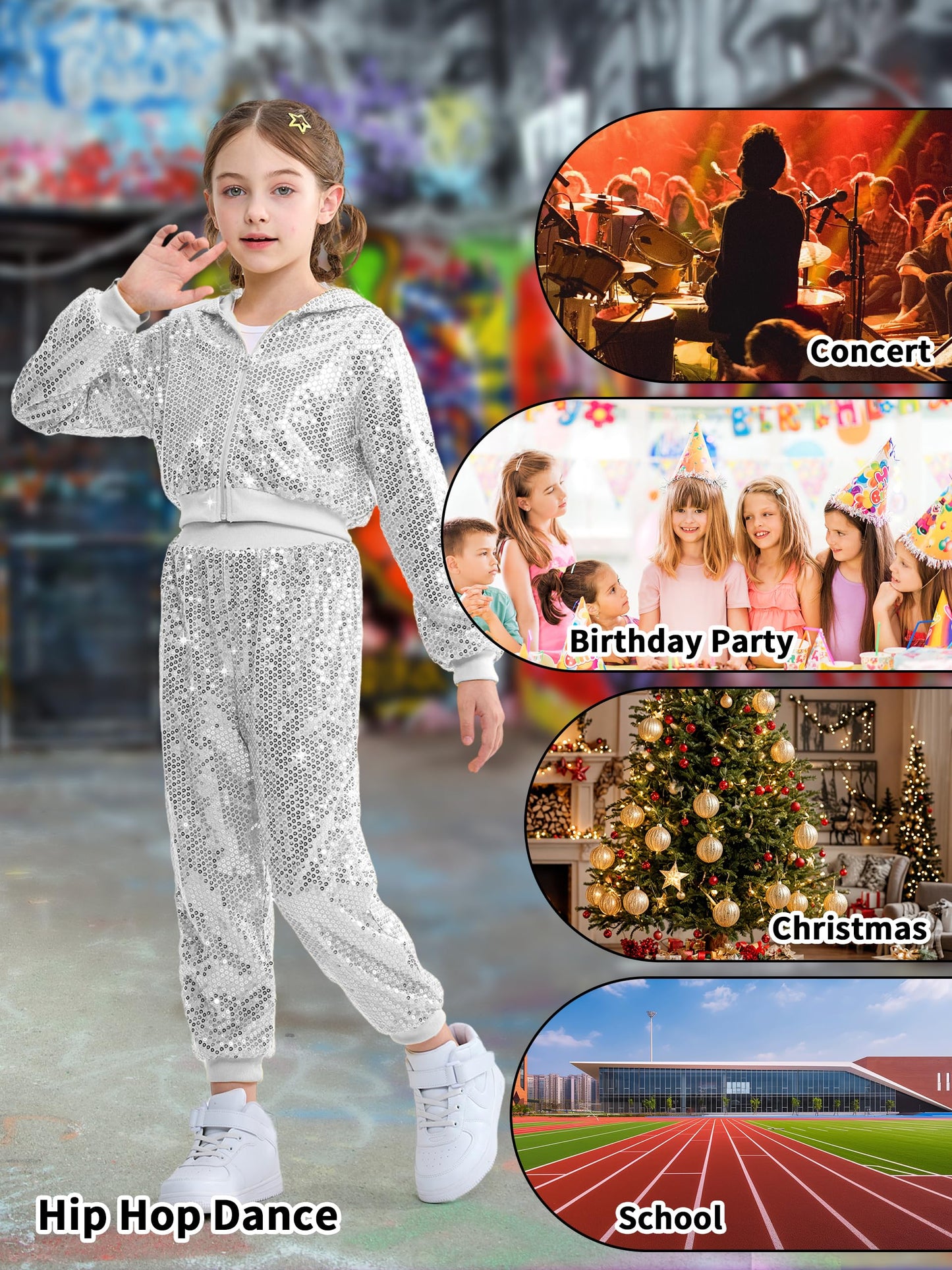 Lolanta Girls Silver Dance Costume Cropped Jacket Sequin Pants Set Girls Sequin Pants Set (Silver, 10-11 Years)