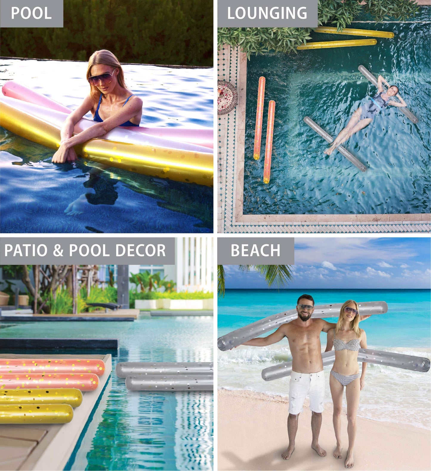 POZA Inflatable Jumbo Pool Noodles - 74" Silver Sparkle Confetti Floats for Swimming Pool, Beach & Lake