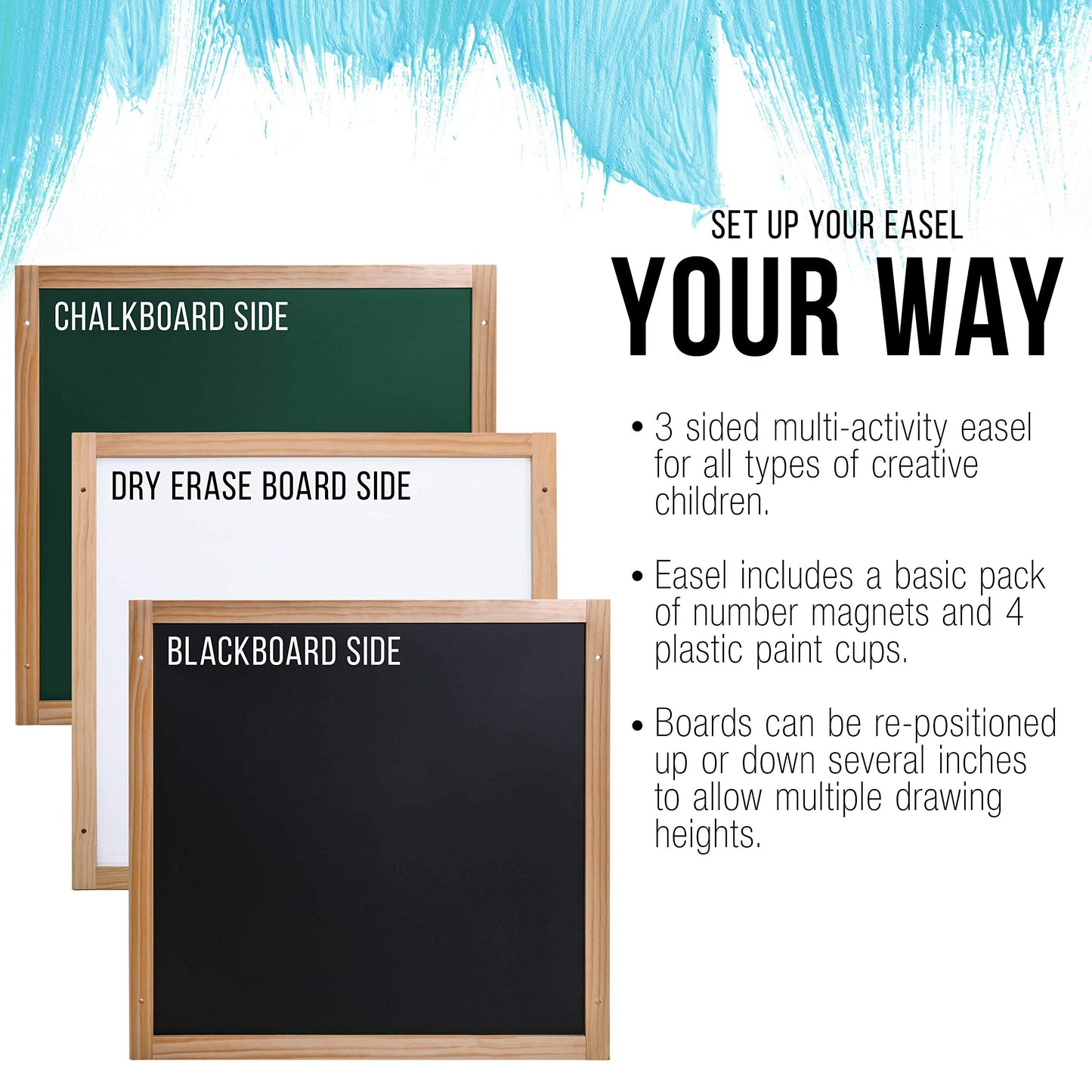 U.S. Art Supply Childrens 3-Sided Art Activity Easel with Chalkboard, Large Paper Roll, Shelf & Plastic Paint Cups