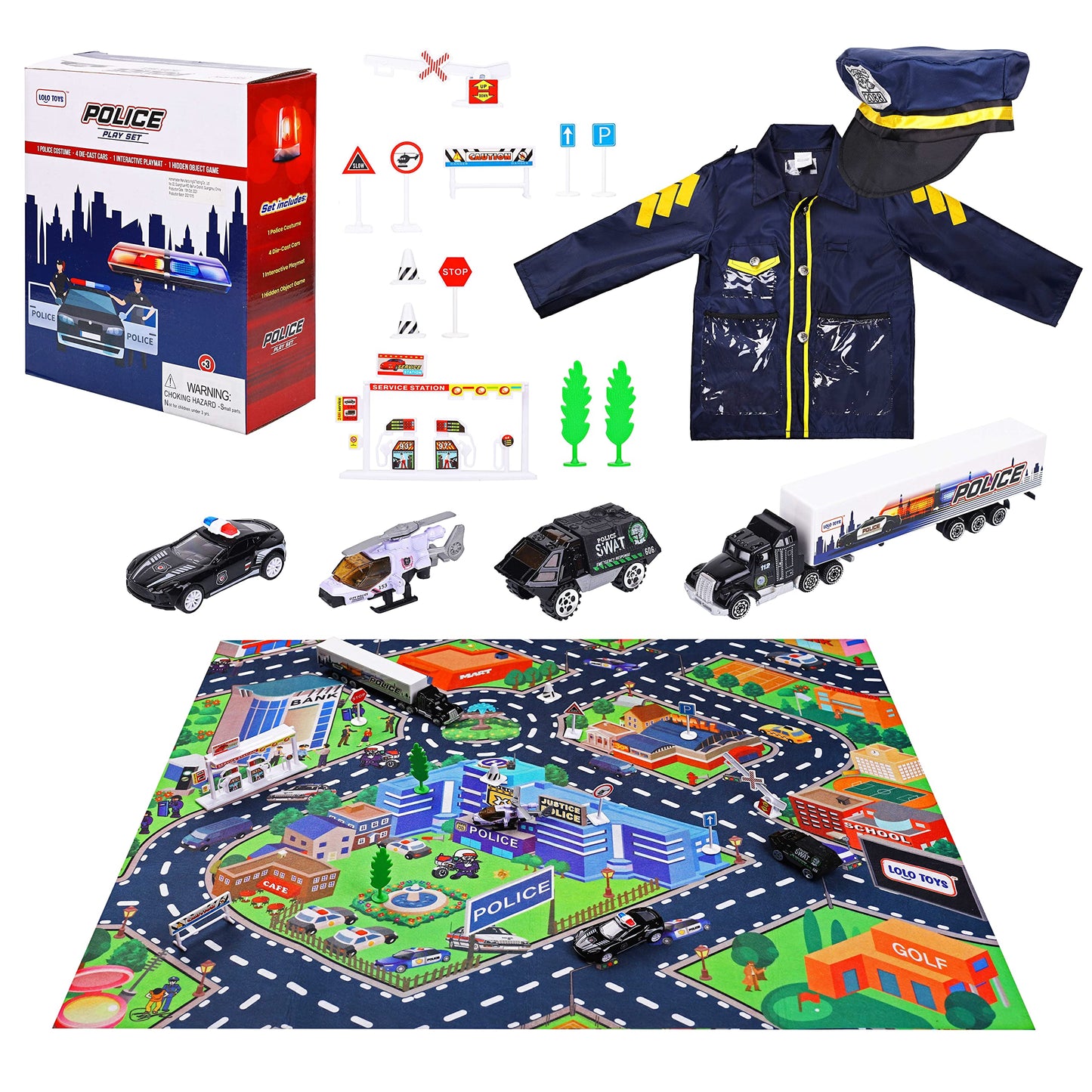 Lolo Toys Police Toys And Road Play Mat Set For Boys And Girls – 20 Piece Set With 4 Small Toy Police Car Metal Diecast Vehicles, Police Costume With Hat And Search Game- Kids Police Gear