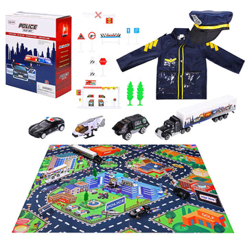Lolo Toys Police Toys And Road Play Mat Set For Boys And Girls – 20 Piece Set With 4 Small Toy Police Car Metal Diecast Vehicles, Police Costume With Hat And Search Game- Kids Police Gear