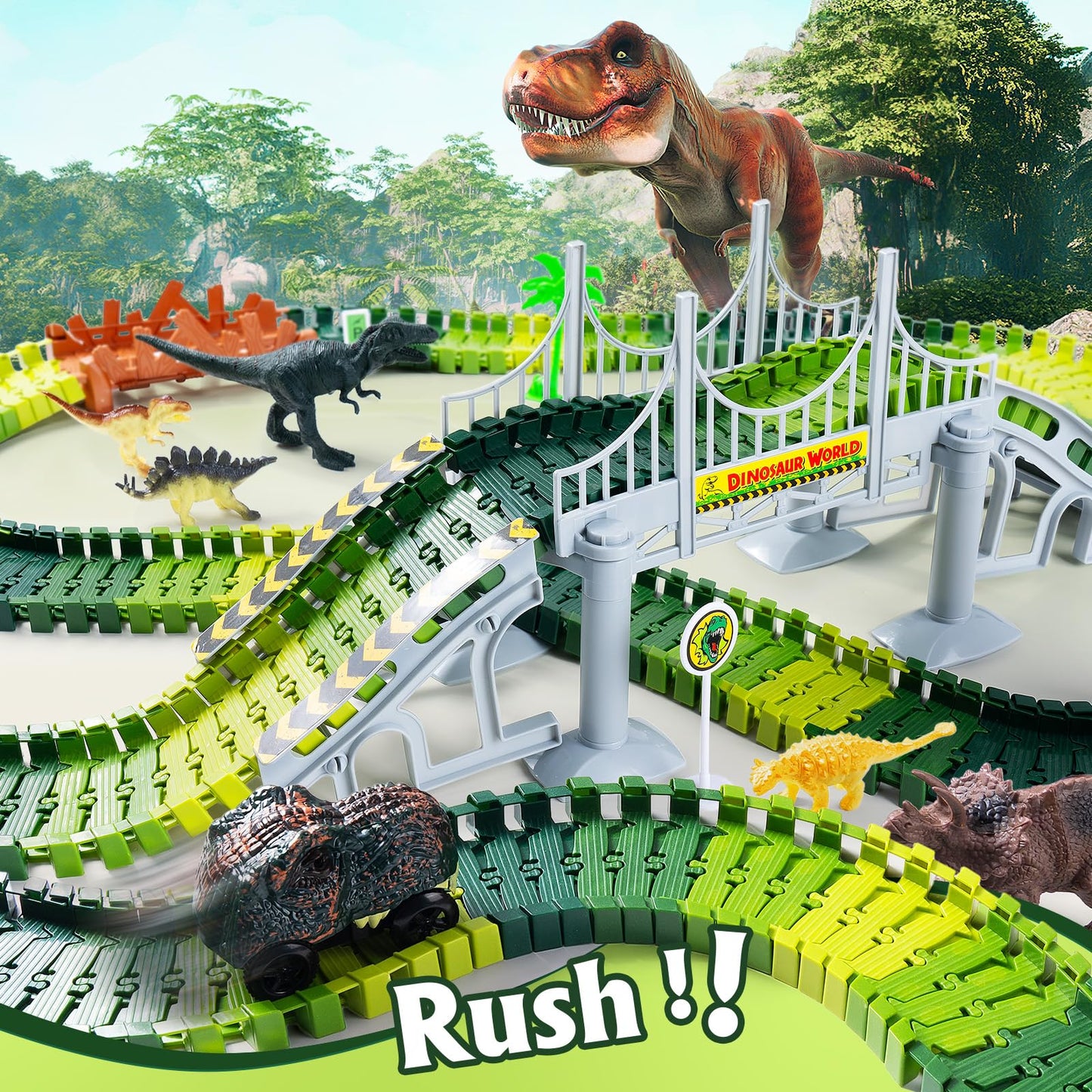 Coroiesty 268 PCS Dinosaur Race Track Set - Glow in The Dark, Flexible DIY Track for Kids 3-9, Green, Includes 2 Dinosaur Cars