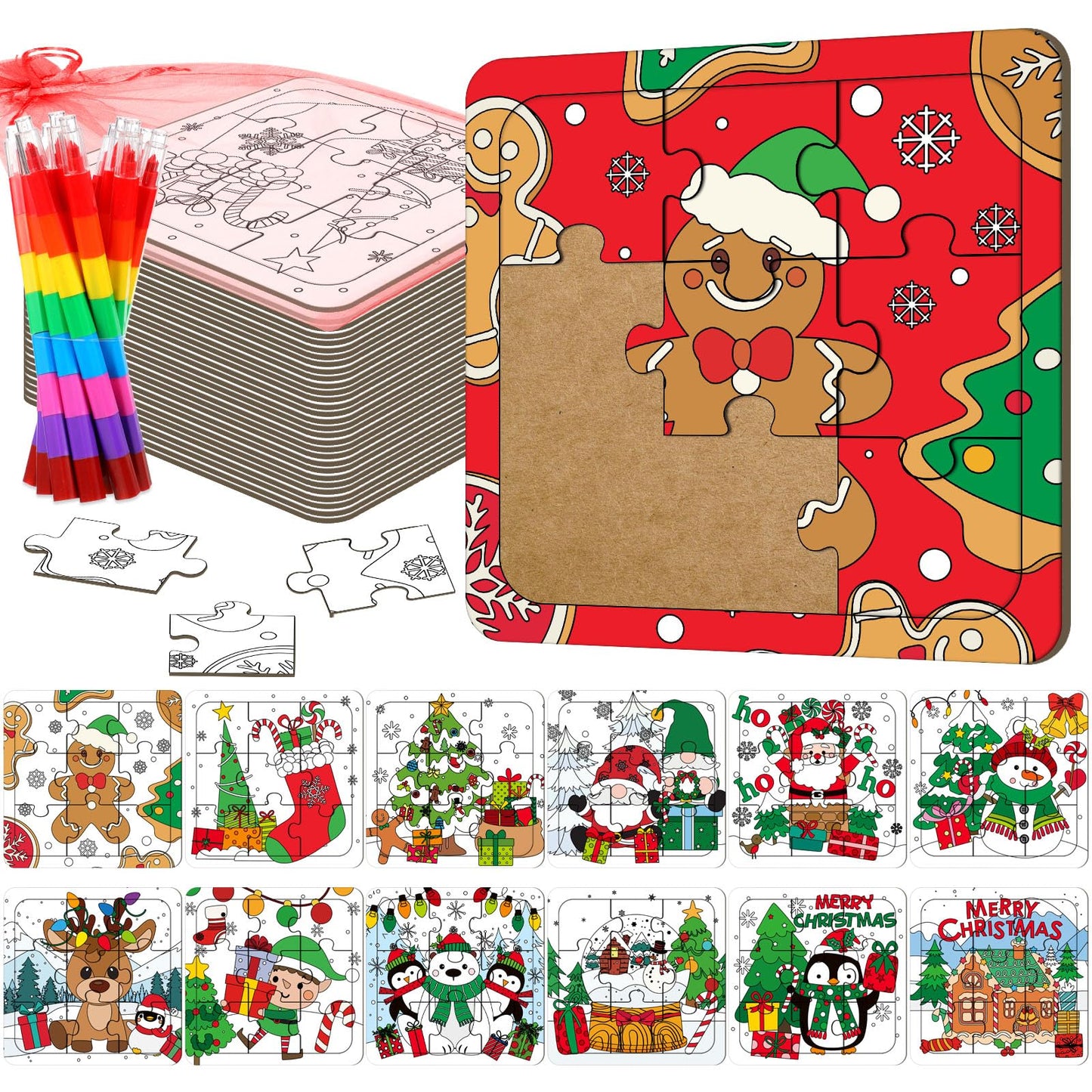 Fullhawl 12 Sets Christmas Puzzles Color Your Own Puzzles DIY Jigsaw Crafts with 12 Stackable Crayons and 12 Bags for Learning Education Toys Gifts Prizes Birthday Party Supplies(12  Christmas)