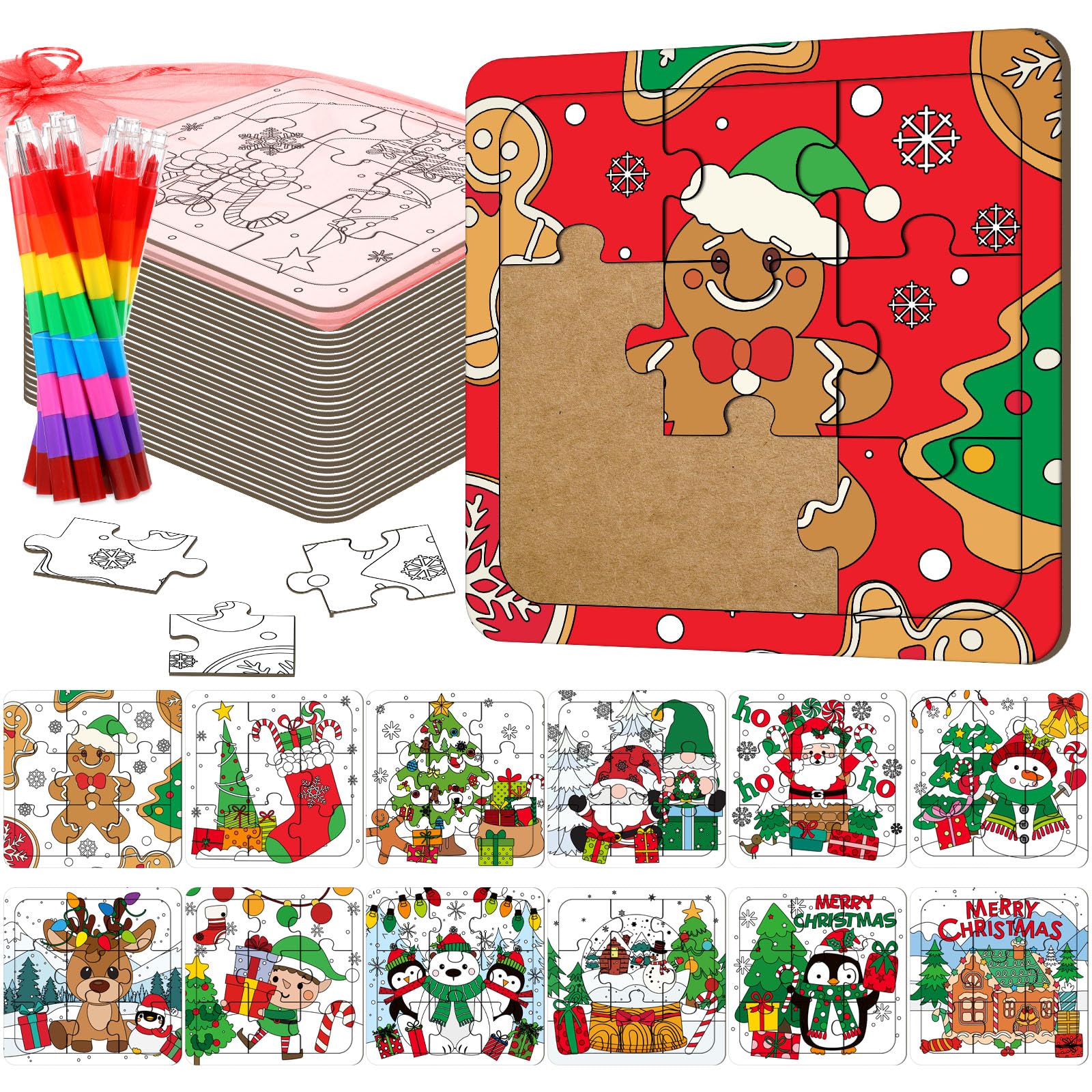 Fullhawl 12 Sets Christmas Puzzles Color Your Own Puzzles DIY Jigsaw Crafts with 12 Stackable Crayons and 12 Bags for Learning Education Toys Gifts Prizes Birthday Party Supplies(12  Christmas)