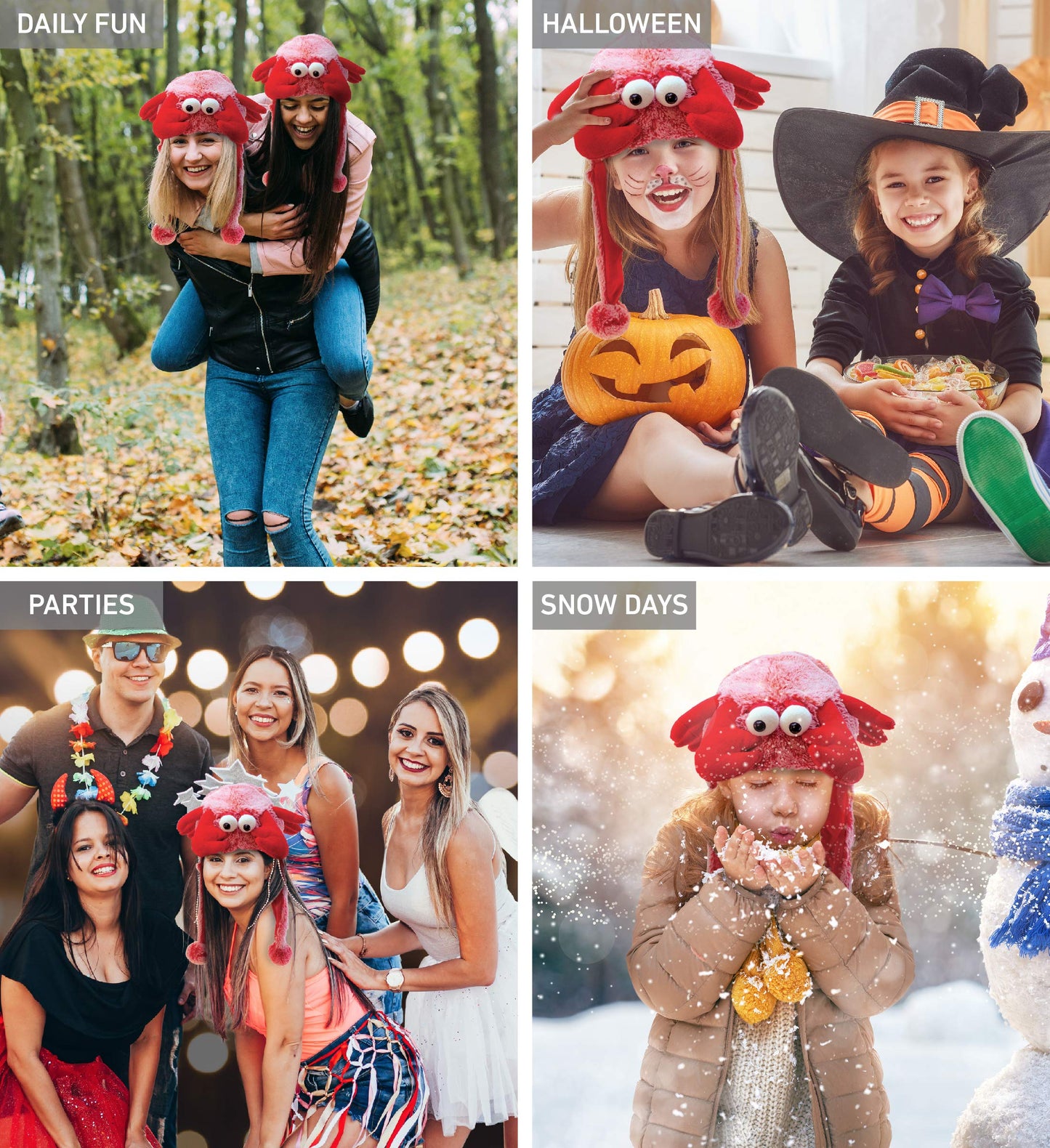 Puzzled Red Lobster Plush Hat - Super Soft and Cozy Fleece Hat With Ear Flaps, Funny Party Costume Toy for Kids & Teens - One Si