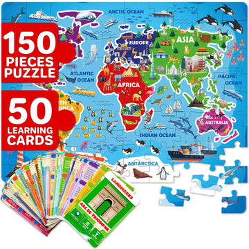 Quokka Puzzles For Kids Ages 8-10 - 150 Pcs Jigsaw Puzzles For 6-8 Year Olds - 400+ Facts On 50 Double-Sided Flashcards | Learn World | Education Activity Gift - Shaped Puzzles For Toddlers 4-6