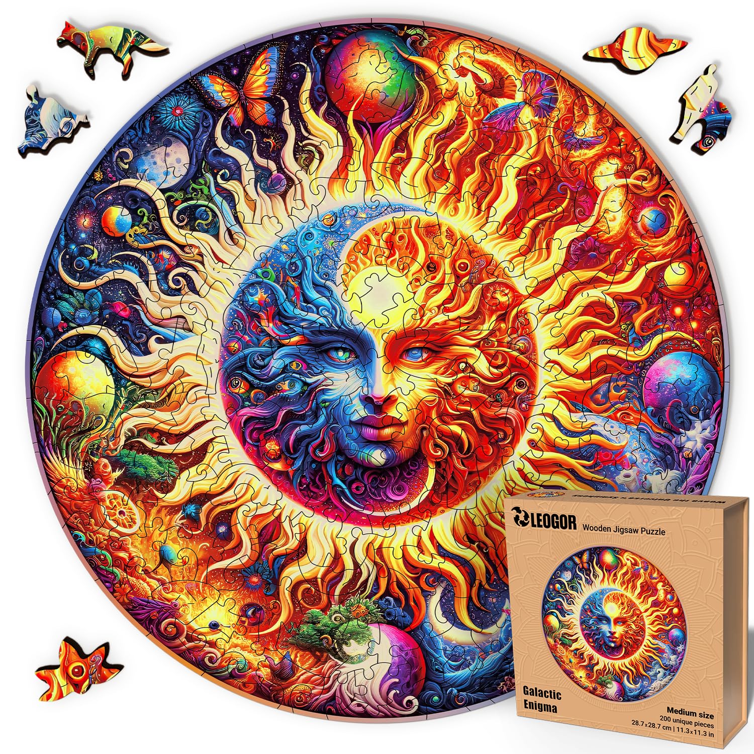 Galactic Enigma - 200 Piece Wooden Puzzles for mature-themeds - 11.3 x 11.3 in - Extra-Thick 5 mm Wood Puzzle  Hand-Shaped Pieces  Round Mosaic Design - enhanced Gift for Puzzle Lovers by LEOGOR