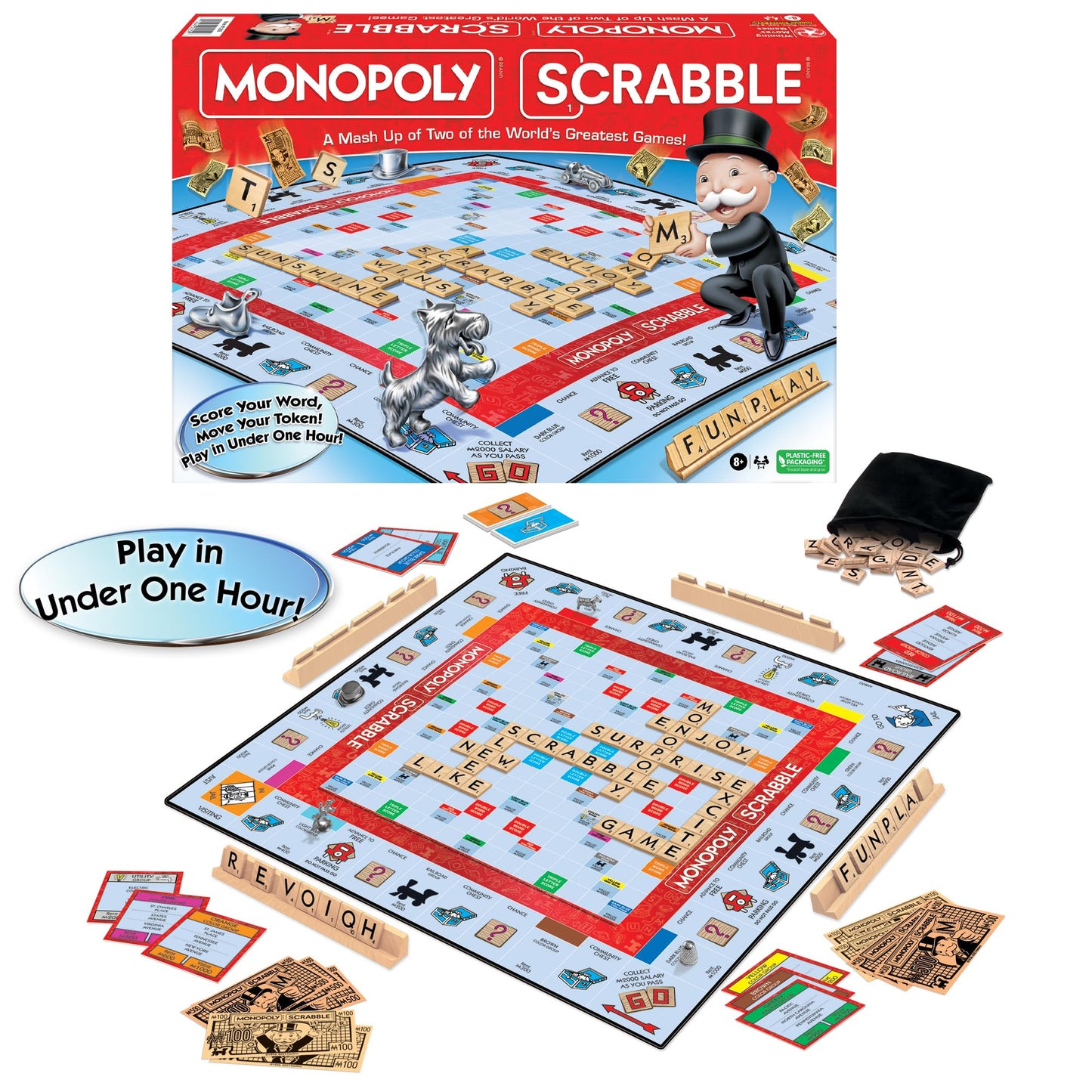Winning Moves Monopoly Scrabble Game, 2-4 Players, Cardstock, Red, Model 1250, Play in Under One Hour, Ages 8+