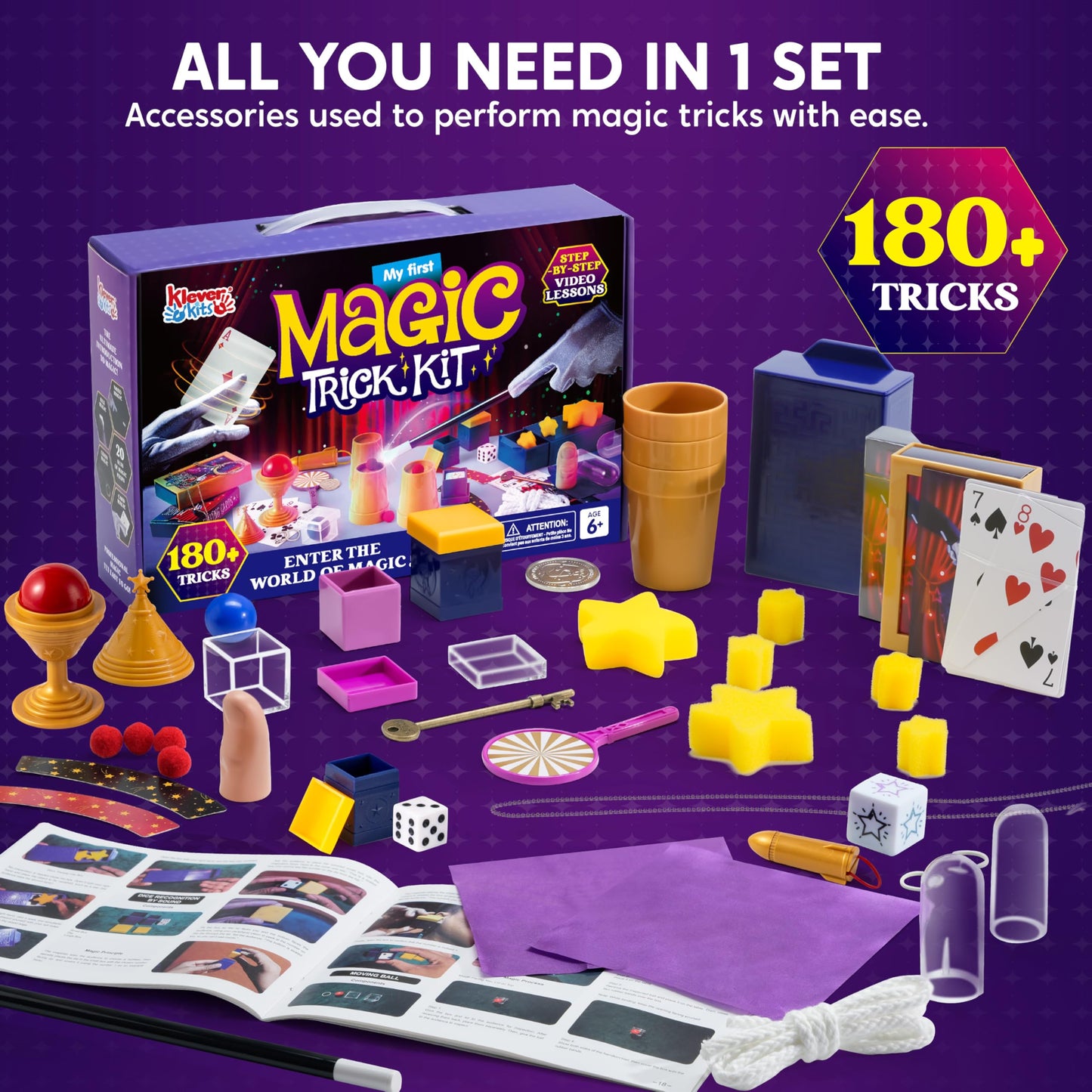 Klever Kits 180+ Magic Set- My First Magic Trick Kit- Amazing Magician Toy with Step-by-Step Video Lessons  for Kids Aged 6+ Easy Tricks of Wand and Illusion Cards