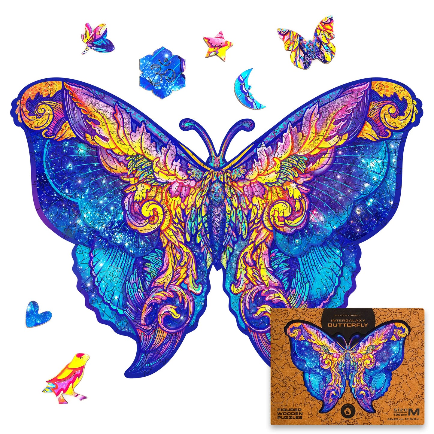 Unidragon Wooden Jigsaw Puzzles - Intergalaxy Butterfly, 199 Pcs, Medium 12.6'X9', Beautiful Gift Package, Unique Shape Best Gift For Adults And Kids