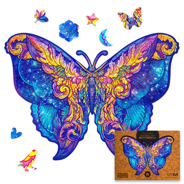 Unidragon Wooden Jigsaw Puzzles - Intergalaxy Butterfly, 199 Pcs, Medium 12.6'X9', Beautiful Gift Package, Unique Shape Best Gift For Adults And Kids