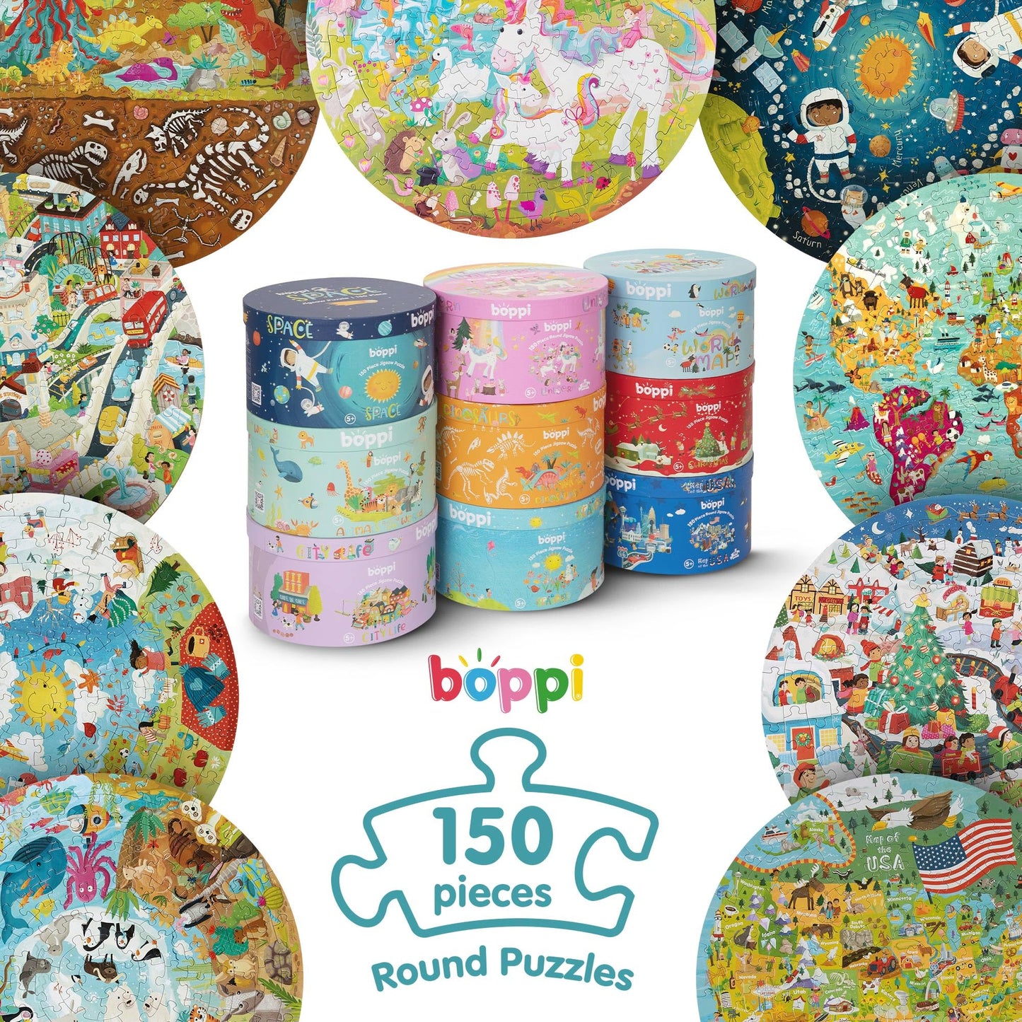 boppi City Life Round Jigsaw Puzzle - 150 Pieces, 58cm Diameter, 100% Recycled Card, Fun for Ages 5-8, Featuring Animals, Vehicles, and Buildings