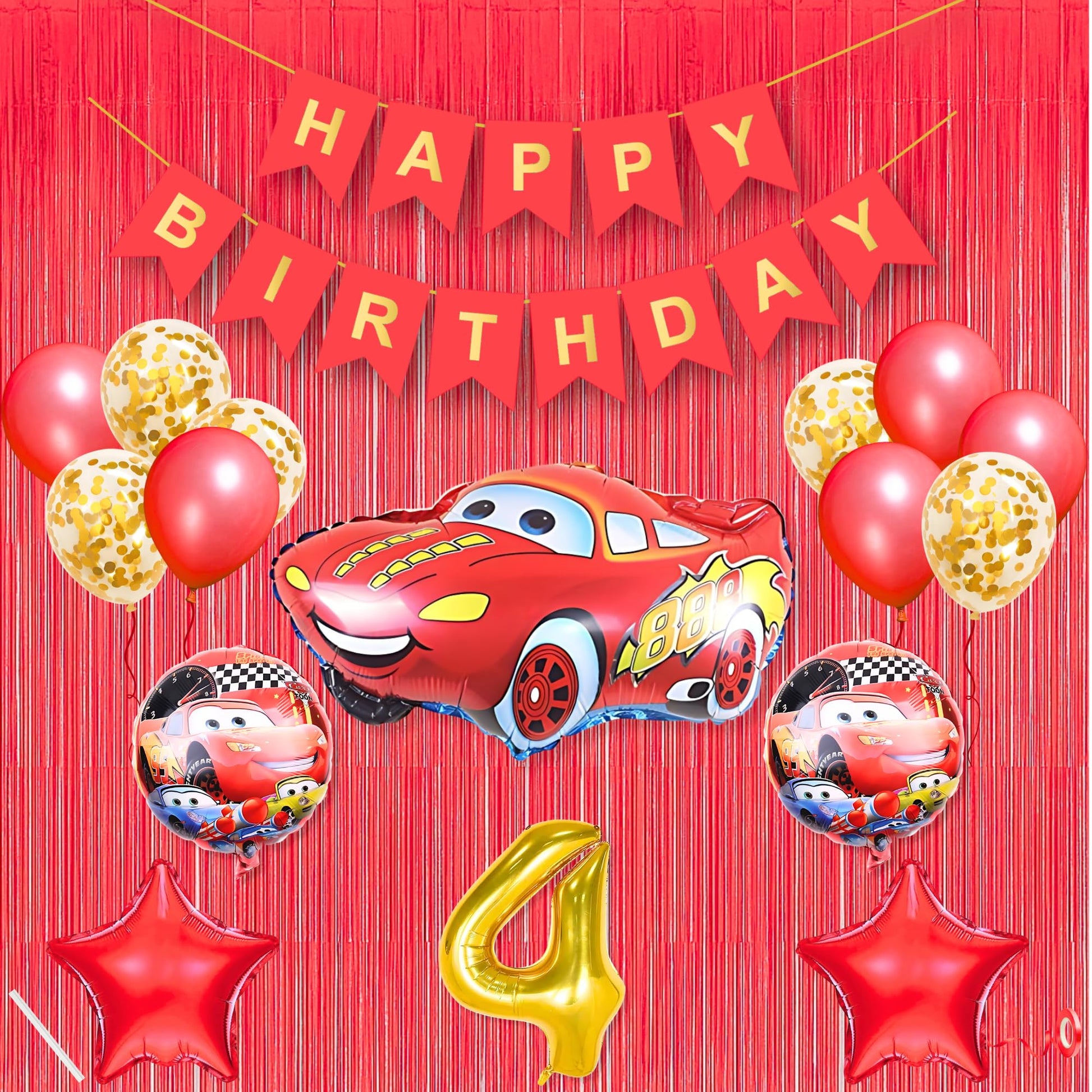 4Th Car Theme Happy Birthday Banner Decoration Red For 4 Year Old Baby Boys Girls Kids 5 Pc Lightning Macqueen Theme 10 Pc Confe