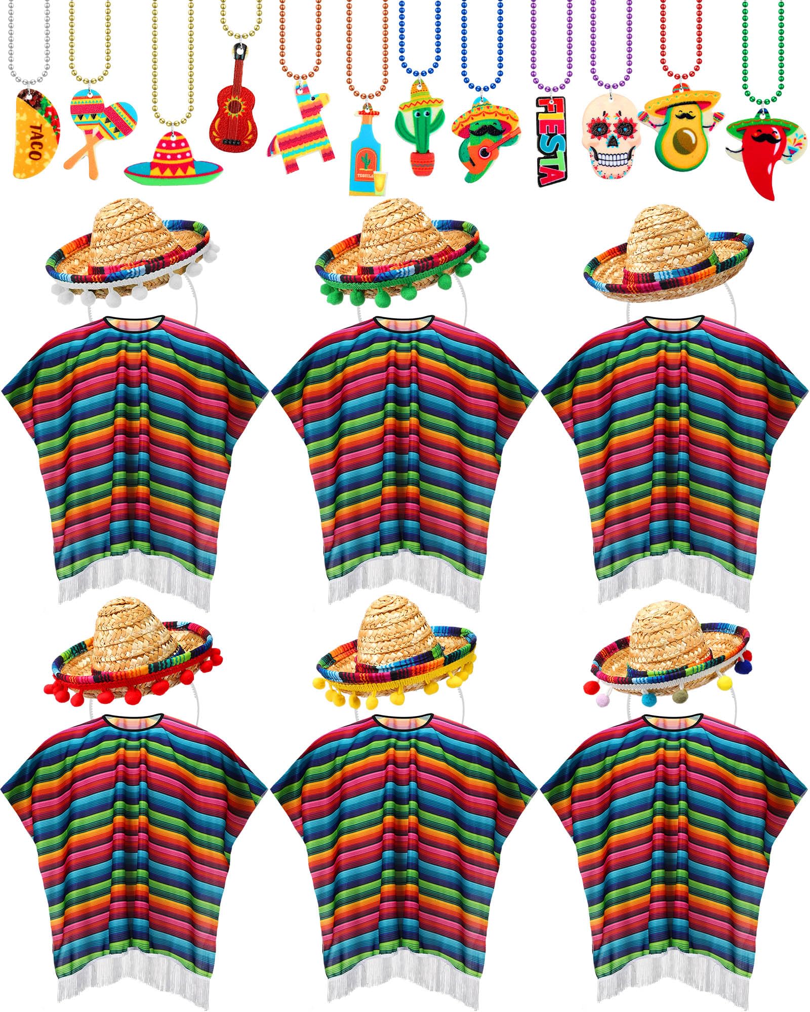 Panitay 24 Pcs Mexican Poncho And Sombrero Set And Fiesta Necklaces Bead,Cinco De Mayo Mexican Fiesta Serape Poncho With Straw S