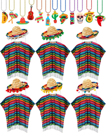 Panitay 24 Pcs Mexican Poncho And Sombrero Set And Fiesta Necklaces Bead,Cinco De Mayo Mexican Fiesta Serape Poncho With Straw S