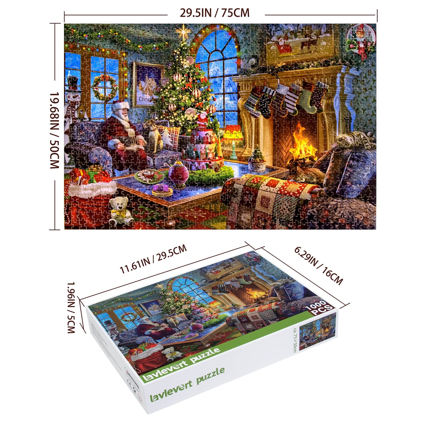 LAVIEVERT Wooden Jigsaw Puzzle 1000 Pieces - Santa Claus, Christmas Tree & Fireplace, Perfect for Adults and Kids