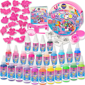 Unicorn Magic Grow Aqua Elves Kit, FunKidz Magical Water Elf Toys for Kids with 25 Colors Gel 16 Unicorn Molds to Make Over 100 
