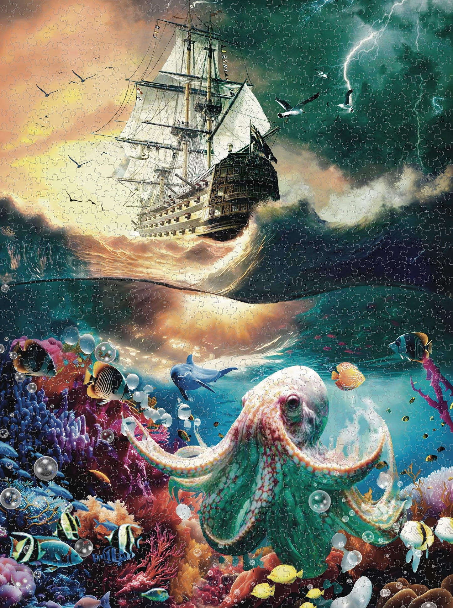enhanced 1000 Piece Jigsaw Puzzle for mature-themeds -27x20 Unique Marine Artwork Pirate shipoctopus Puzzle - Unique Brain Teaser  Difficult and Challenge Large Puzzle Game Toys Gift