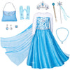 Topney Blue Princess Costumes For Little Girls Birthday Party Dress Up With Handbag Wig,Crown,Mace,Gloves Accessories 6-7 Years
