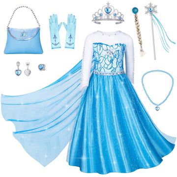 Topney Blue Princess Costumes For Little Girls Birthday Party Dress Up With Handbag Wig,Crown,Mace,Gloves Accessories 6-7 Years