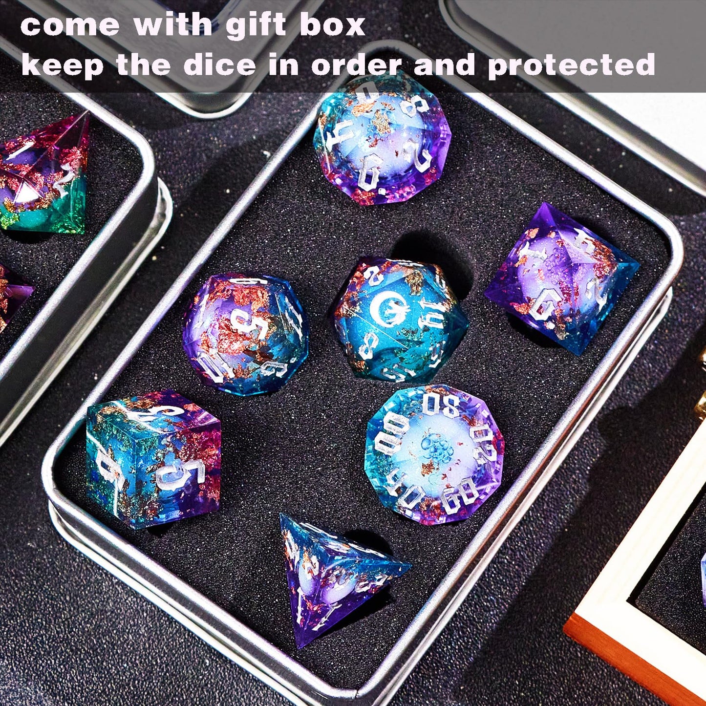 Gradual Purple Blue Moon Liquid Core Dnd Dice Set For Role Playing Games, Galaxy Dungeons And Dragons Dice Set For Gifts, Rpg Li