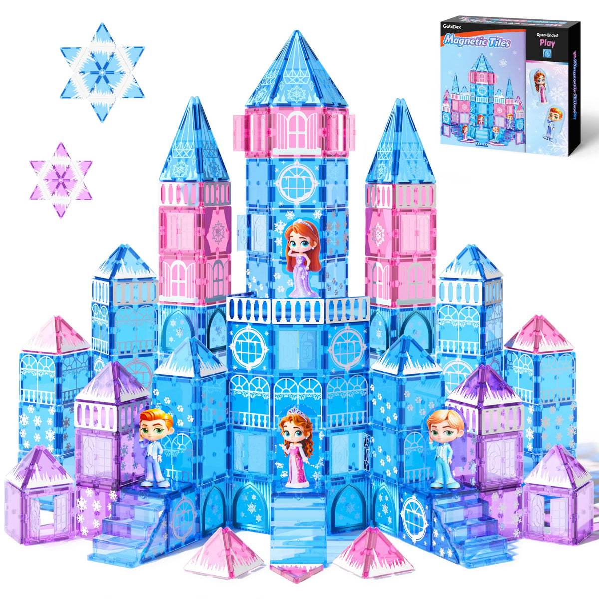 GobiDex 100PCS Magnetic Tiles Princess Castle Set with 4 Dolls & Stairs