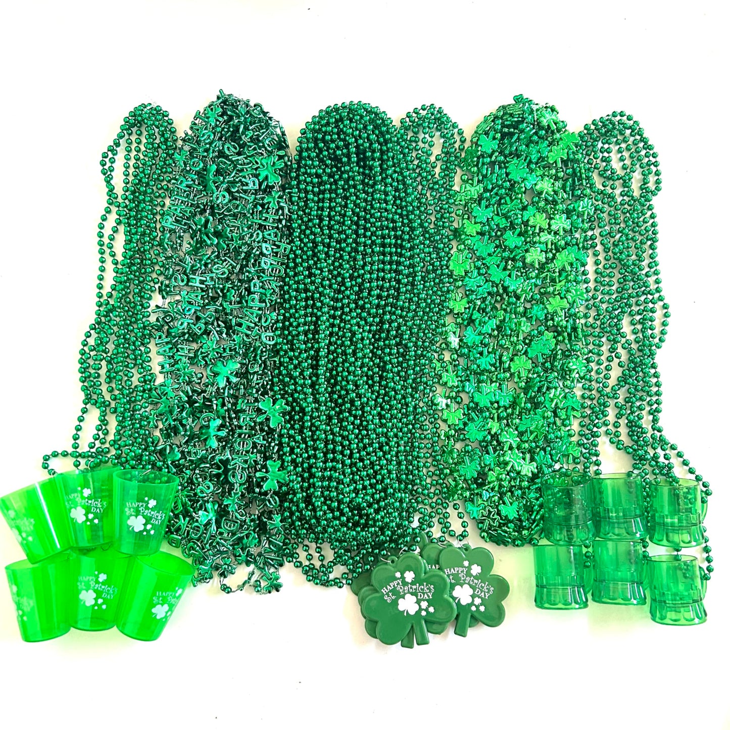 GZYSSL 72 Pcs St. Patrick's Day Bead Necklaces Bulk Green St. Patrick's Shot Glass Bead Necklaces St. Patrick's Clover Beads Dec