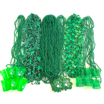 GZYSSL 72 Pcs St. Patrick's Day Bead Necklaces Bulk Green St. Patrick's Shot Glass Bead Necklaces St. Patrick's Clover Beads Dec