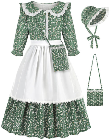 Aoiviss Girls Pioneer Costume Floral Colonial Prairie Dress For Little Kids With Apron And Bonnet, Green