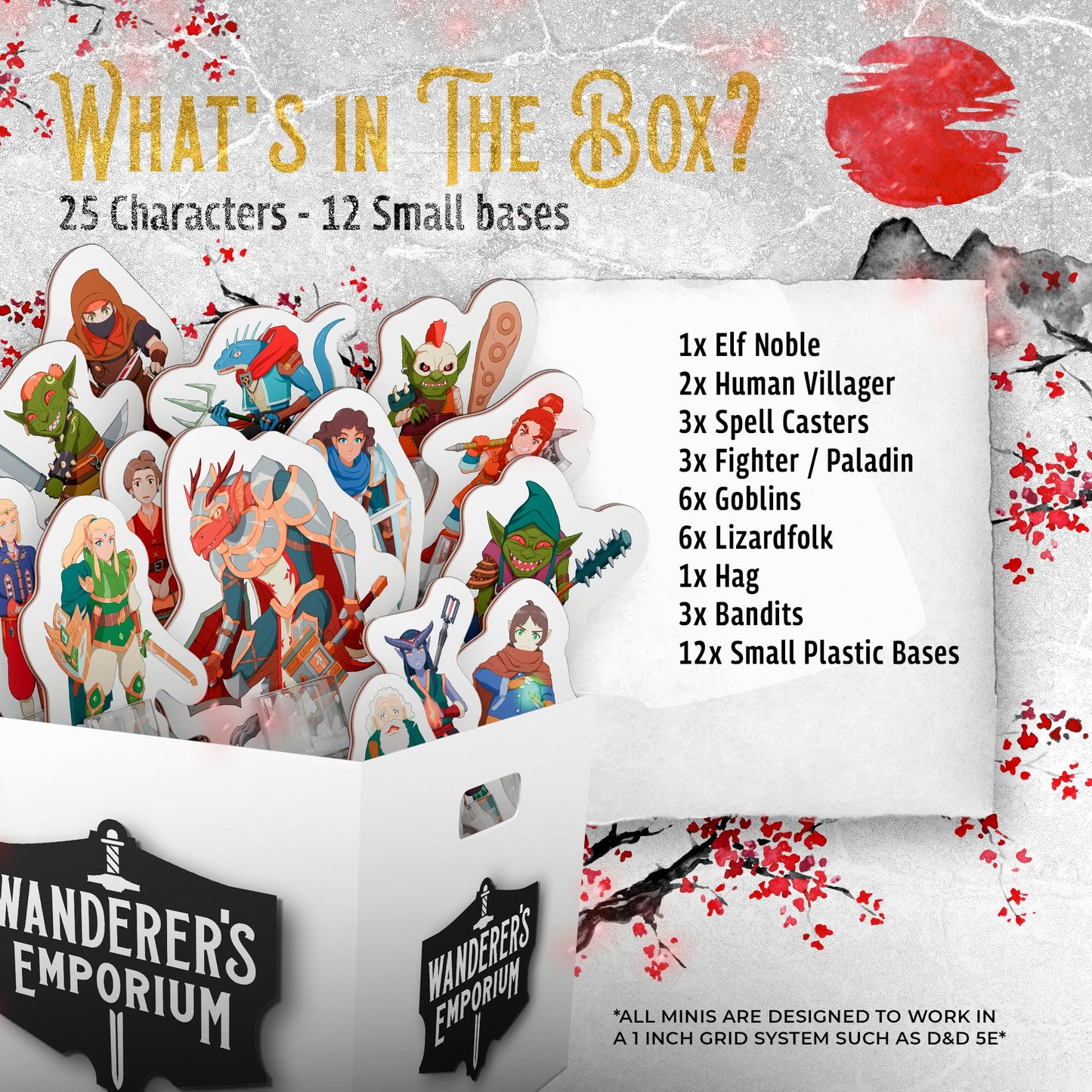 Wanderers Emporium DND Miniatures Starter Set | 28mm-32mm Scale | Cardboard | 25 Miniatures with Bases