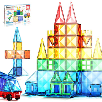 Picassotiles 63 Piece Magnetic Building Block Construction Toy Set Diamond Magnet Tile Blocks With Car Truck Stem Learning Kit E