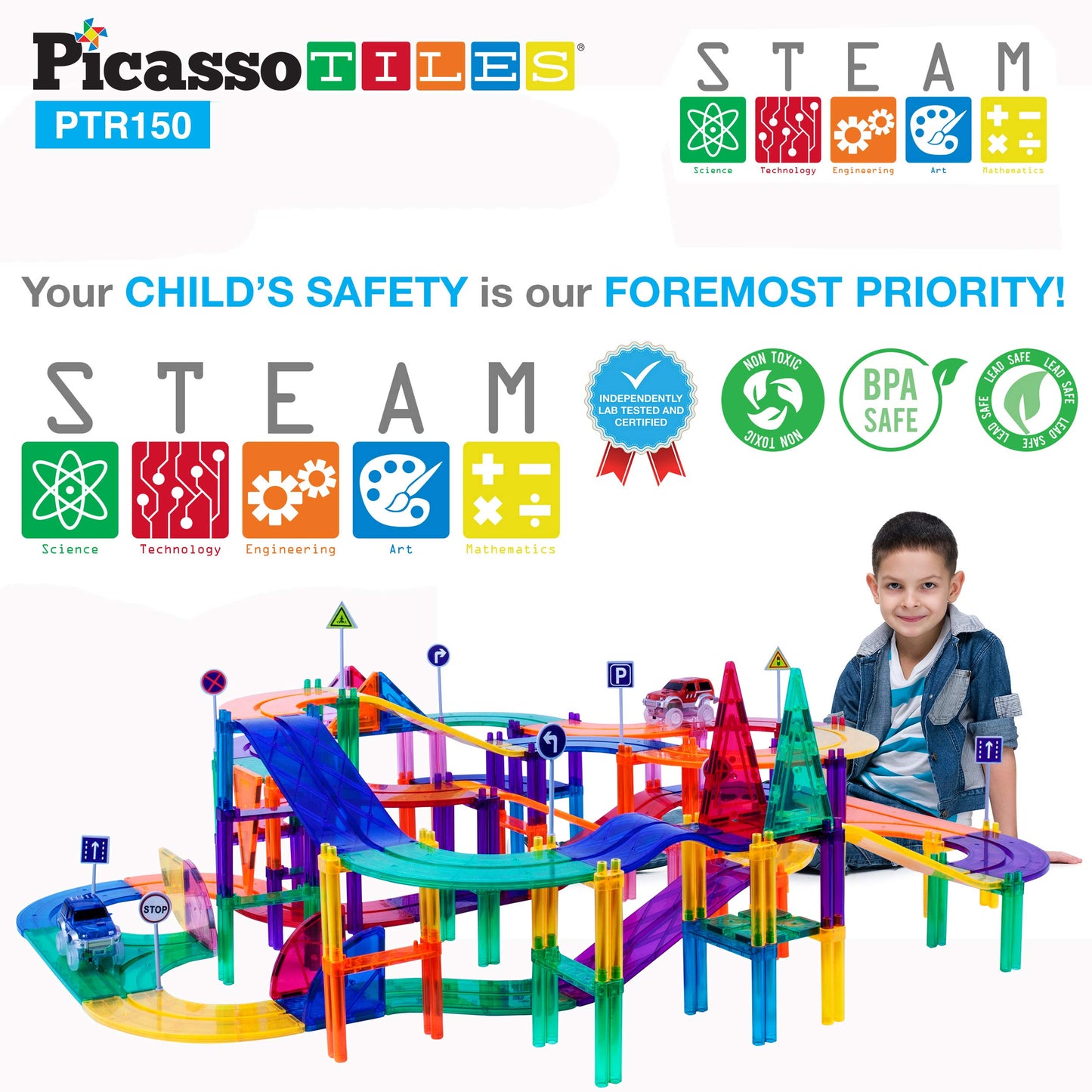 Picassotiles 150 Piece Race Car Track Building Block Educational Toy Set Magnet Tile Magnetic Blocks Playset 4 Cars Early Stem L