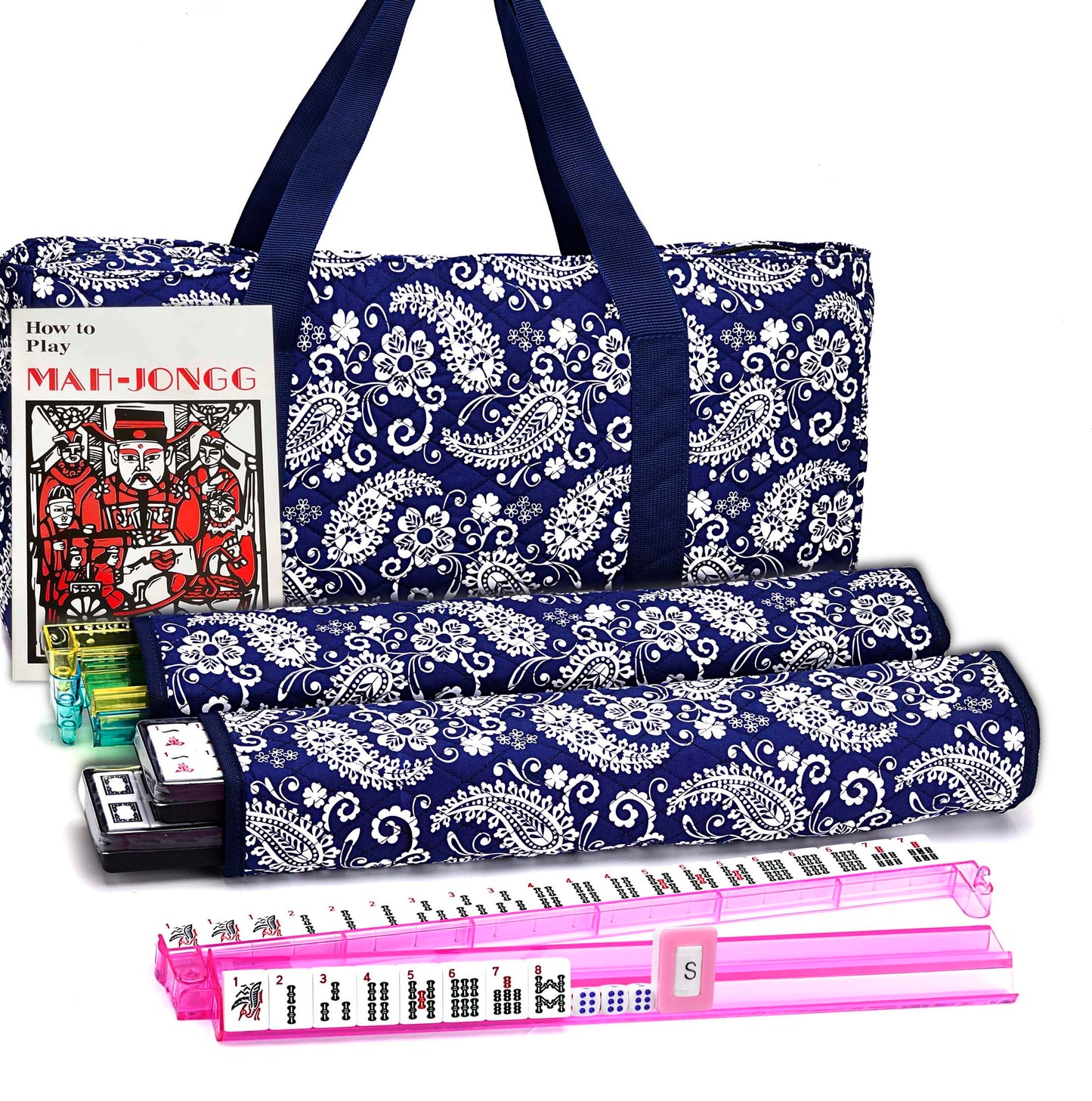 Mose Cafolo American Mahjong Game Set, Blue Paisley Carrying Bag,166 Premium White Tiles,4 All-In-One Color Rack/Pushers,100 Chips,1 Wind Indicator, Complete Mah Jong Tiles Set, Mah Jongg Set