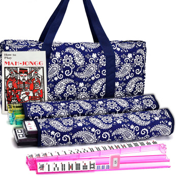 Mose Cafolo American Mahjong Game Set, Blue Paisley Carrying Bag,166 Premium White Tiles,4 All-In-One Color Rack/Pushers,100 Chips,1 Wind Indicator, Complete Mah Jong Tiles Set, Mah Jongg Set