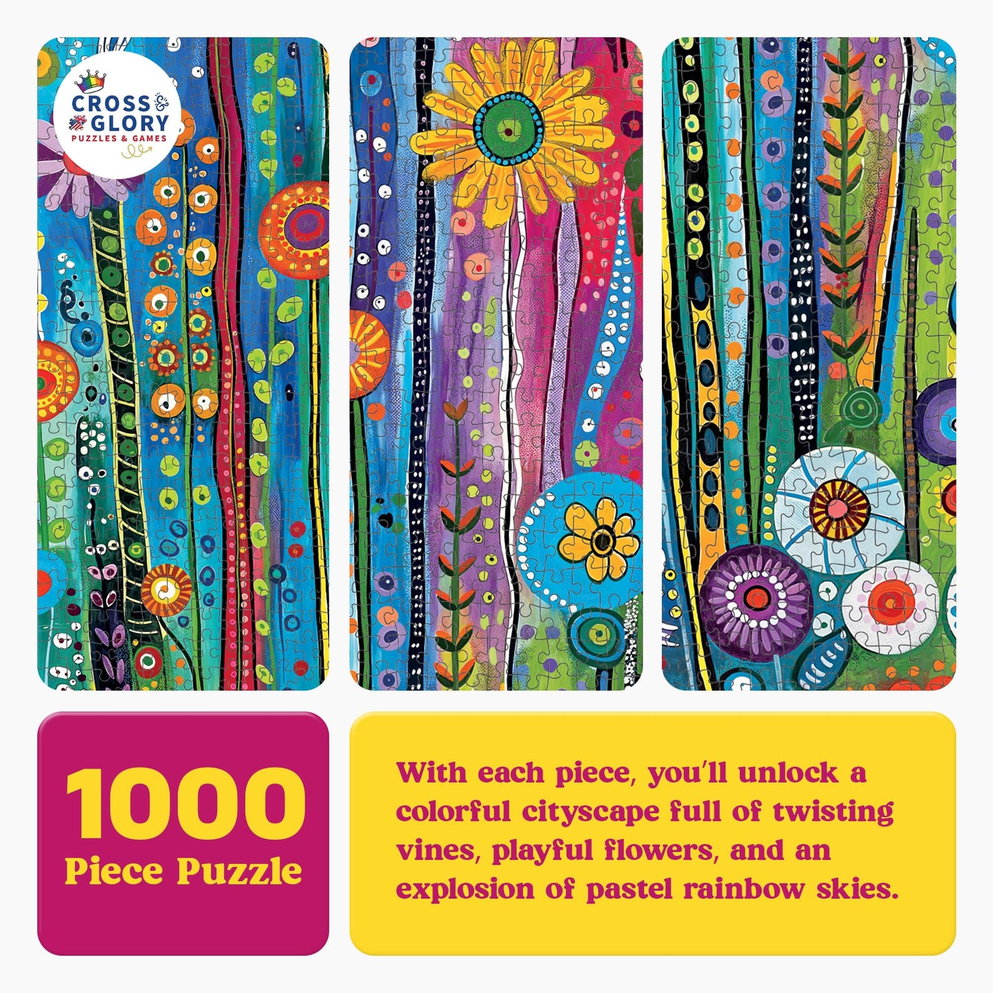 Cross & Glory - Daisy Streets and Rainbow Skies - 1000 Piece Jigsaw Puzzle for Adults | Abstract Cityscape Puzzle | Challenging