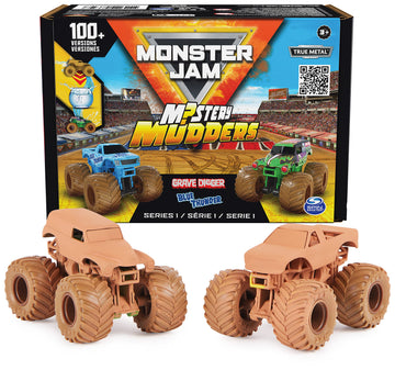 Monster Jam, Mystery Mudders 2-Pack Monster Trucks, Official 1:64 Grave Digger and Blue Thunder Die-Cast Vehicles, Wash to Revea