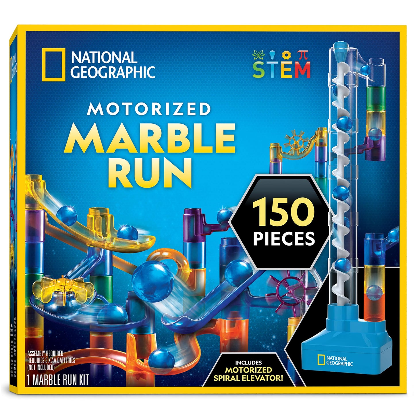 National Geographic Marble Run With Motorized Elevator - 150-Piece Marble Maze Kit With Motorized Spiral Lift, 30 Marbles, Stora