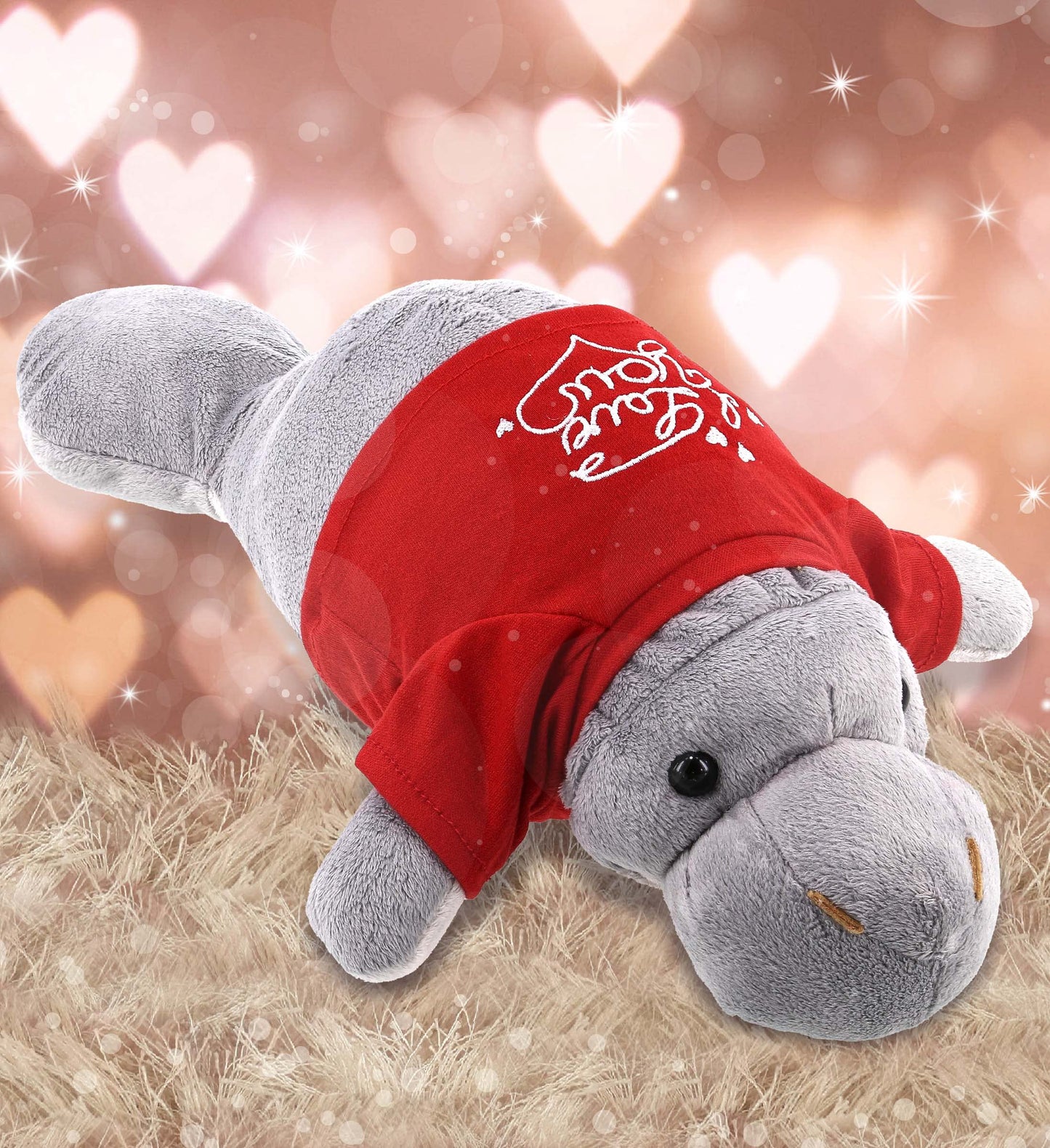 DolliBu I Love You Valentine Plush Wild Grey Manatee - Cute Soft Cuddly Stuffed Animal with Red Heart Shirt for Valentines Day  Birthday Present  Anniversary  Romantic Date - 15 Inches
