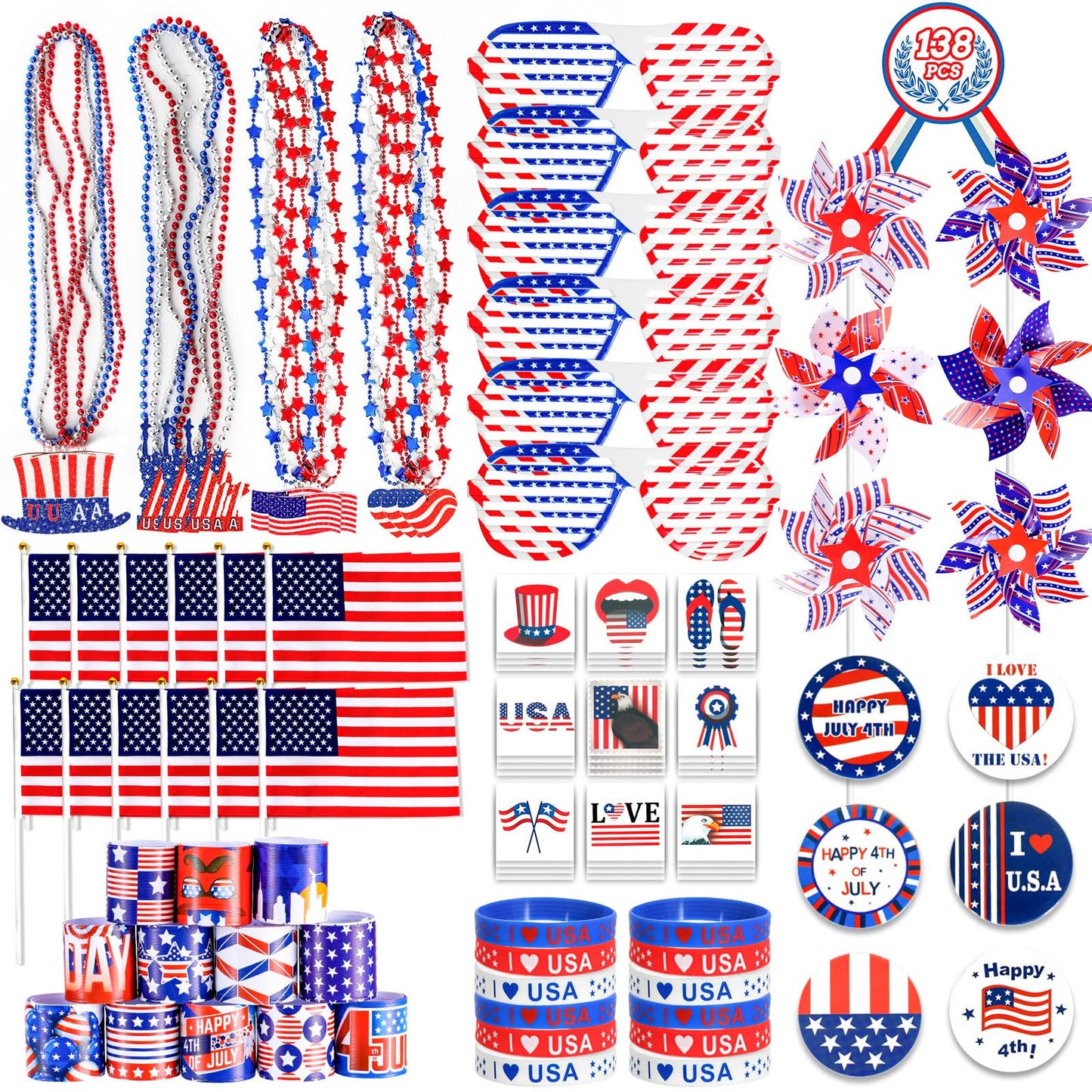 4Th Of July Decorations, 138Pcs Patriotic Party Favors Supplies American Stick Flag, Pinwheels, Tattoos, Rubber Bracelets, Brooch, Necklaces For Independence Day Memorial Day Accessories Parades